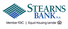 Logo of Stearns Bank, featuring green and blue stripes, with "Member FDIC" and "Equal Housing
